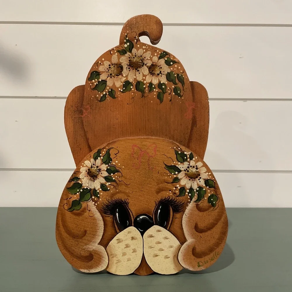 Vintage Hand Painted Wood Puppy Dog‎ Door Stop Floral Rustic Cottagecore